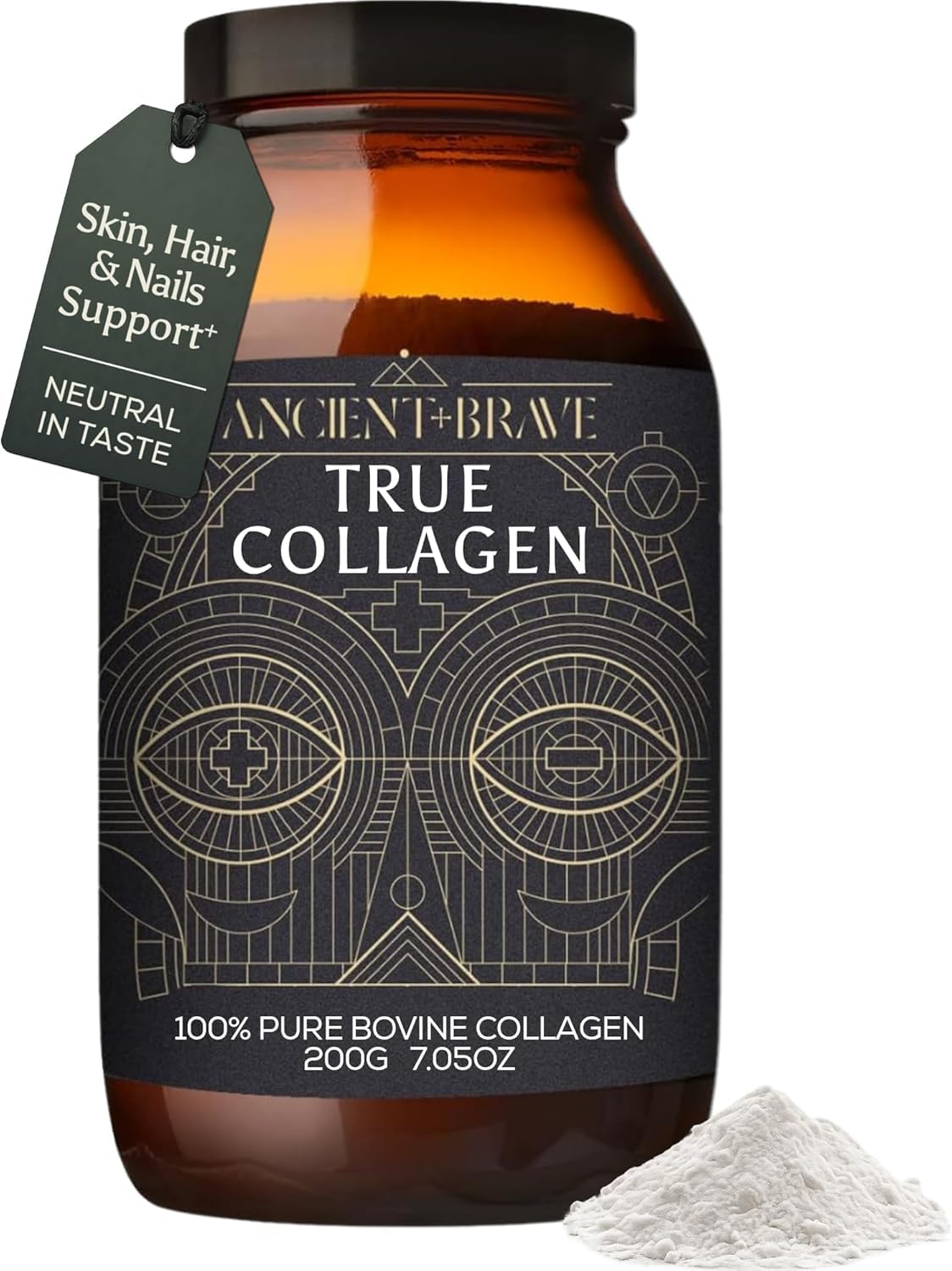 Ancient + Brave True Collagen bottle front showing premium EU grass-fed formula for daily use