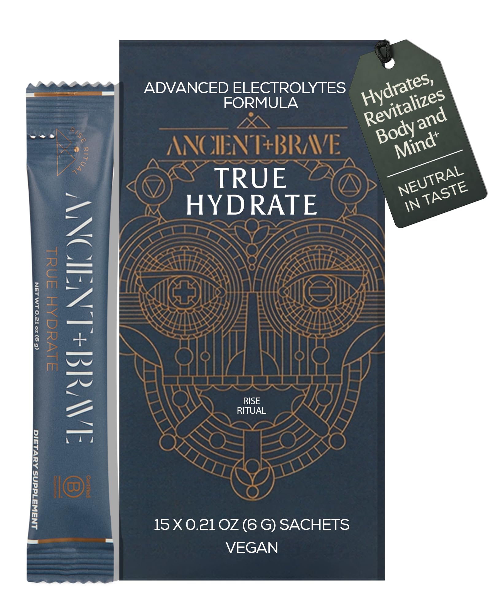 Ancient + Brave True Hydration packaging highlights vegan, convenient hydration