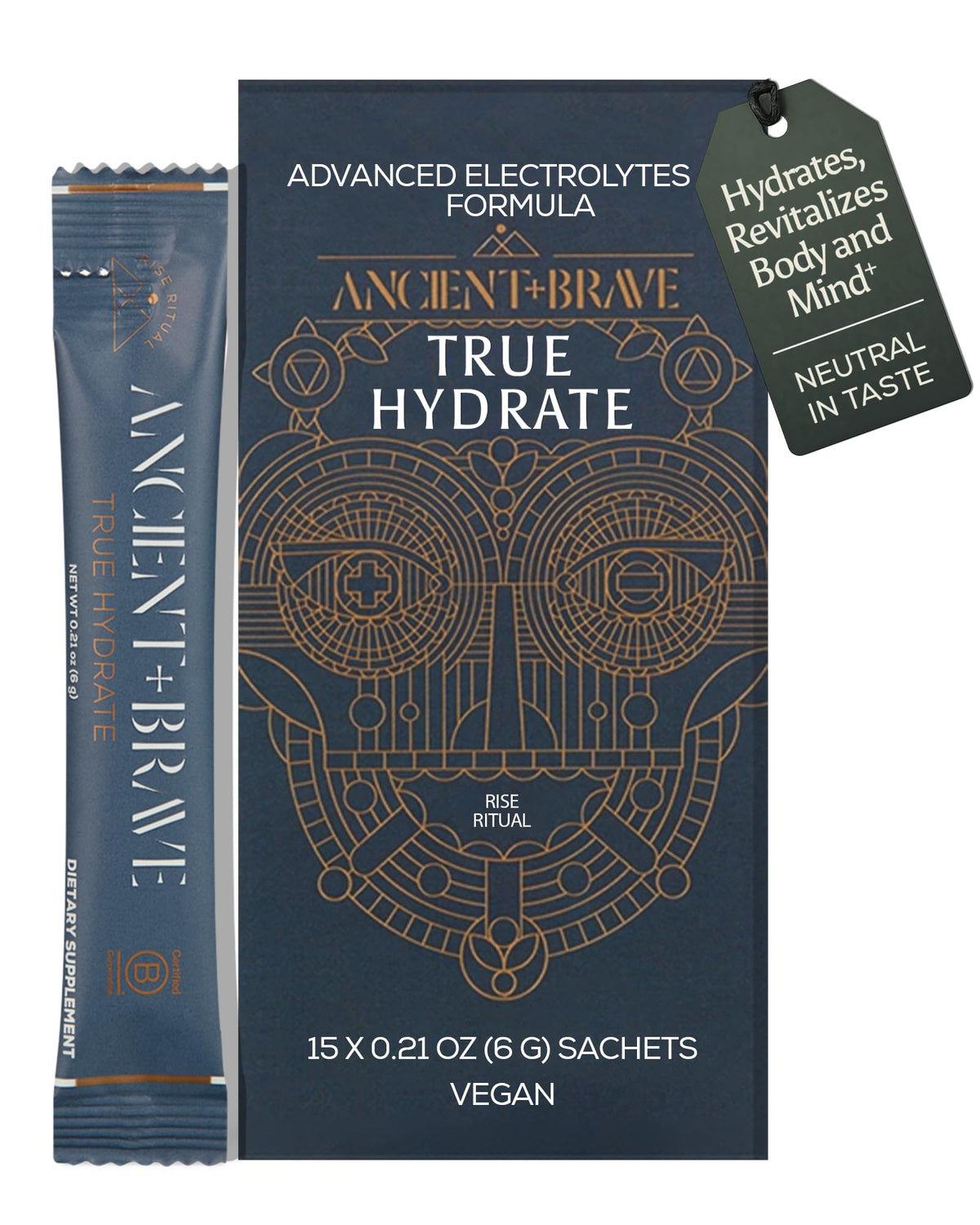 Ancient + Brave True Hydration packaging highlights vegan, convenient hydration