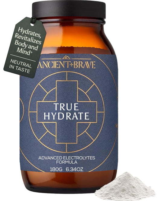 Ancient + Brave True Hydration Powder tub shows the container and minerals for daily energy