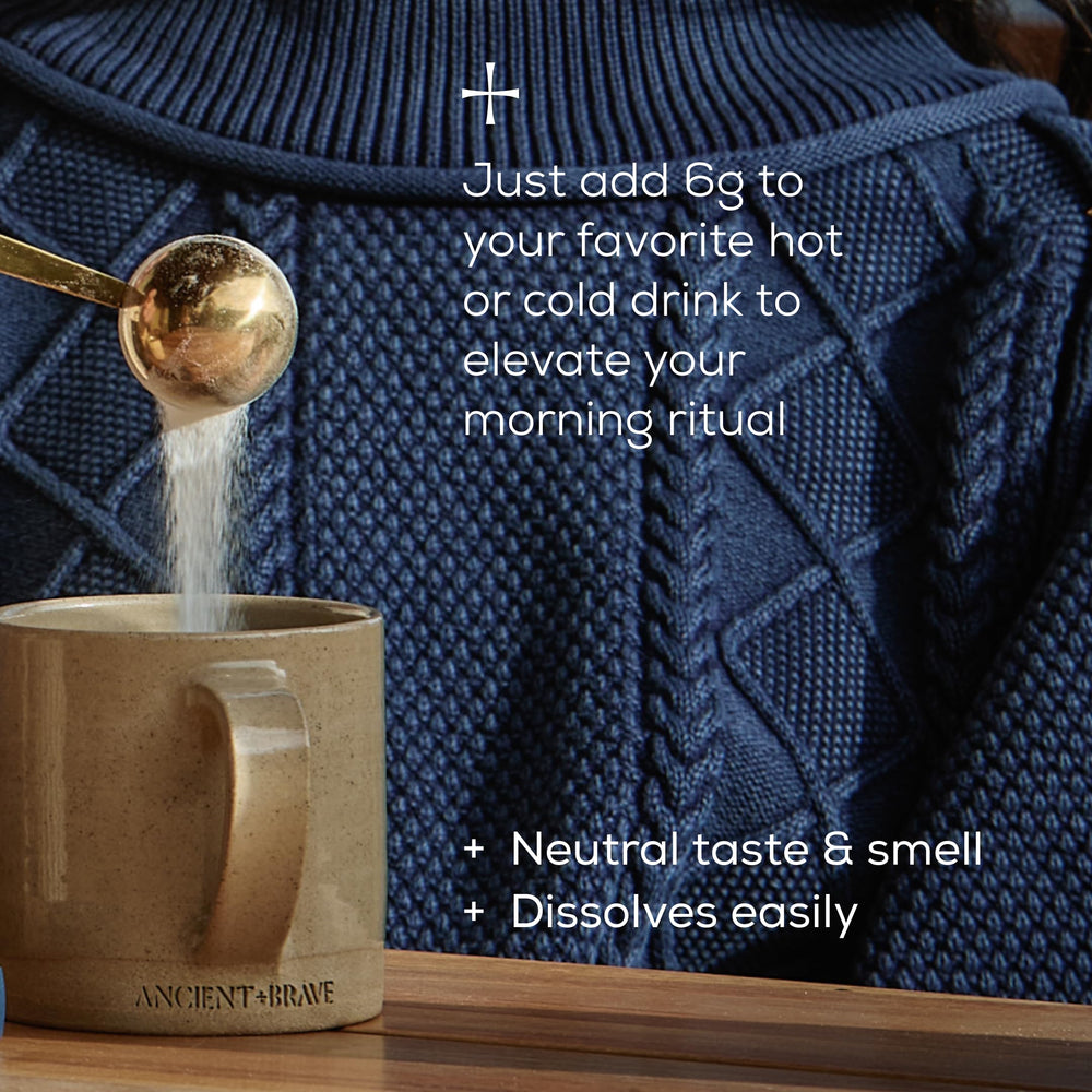 Ancient + Brave collagen powder blended into smoothies for nourishing routine