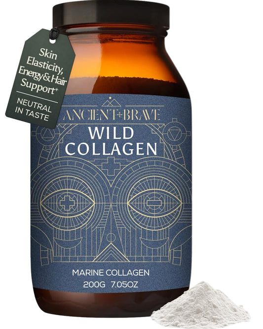 Ancient + Brave marine collagen powder tub closeup for daily beauty support