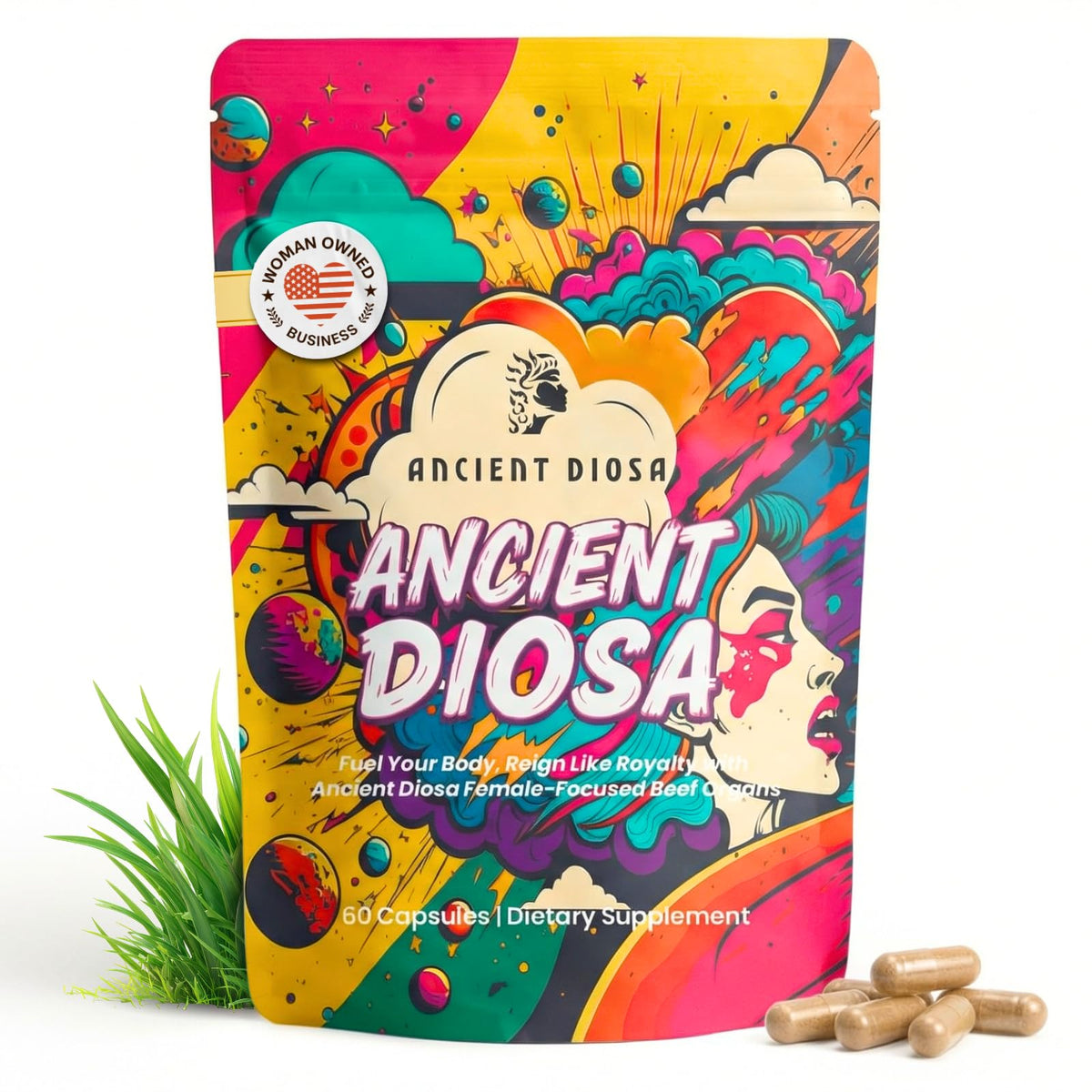 ANCIENT DIOSA bottle of grass-fed beef liver capsules highlighting nutrient-rich organ blend for vitality