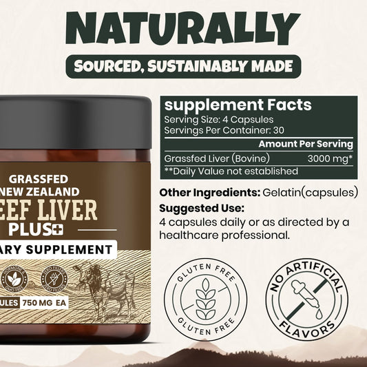 ANCIENT DIOSA grassfed beef liver capsules closeup highlighting 3000 mg per serving.