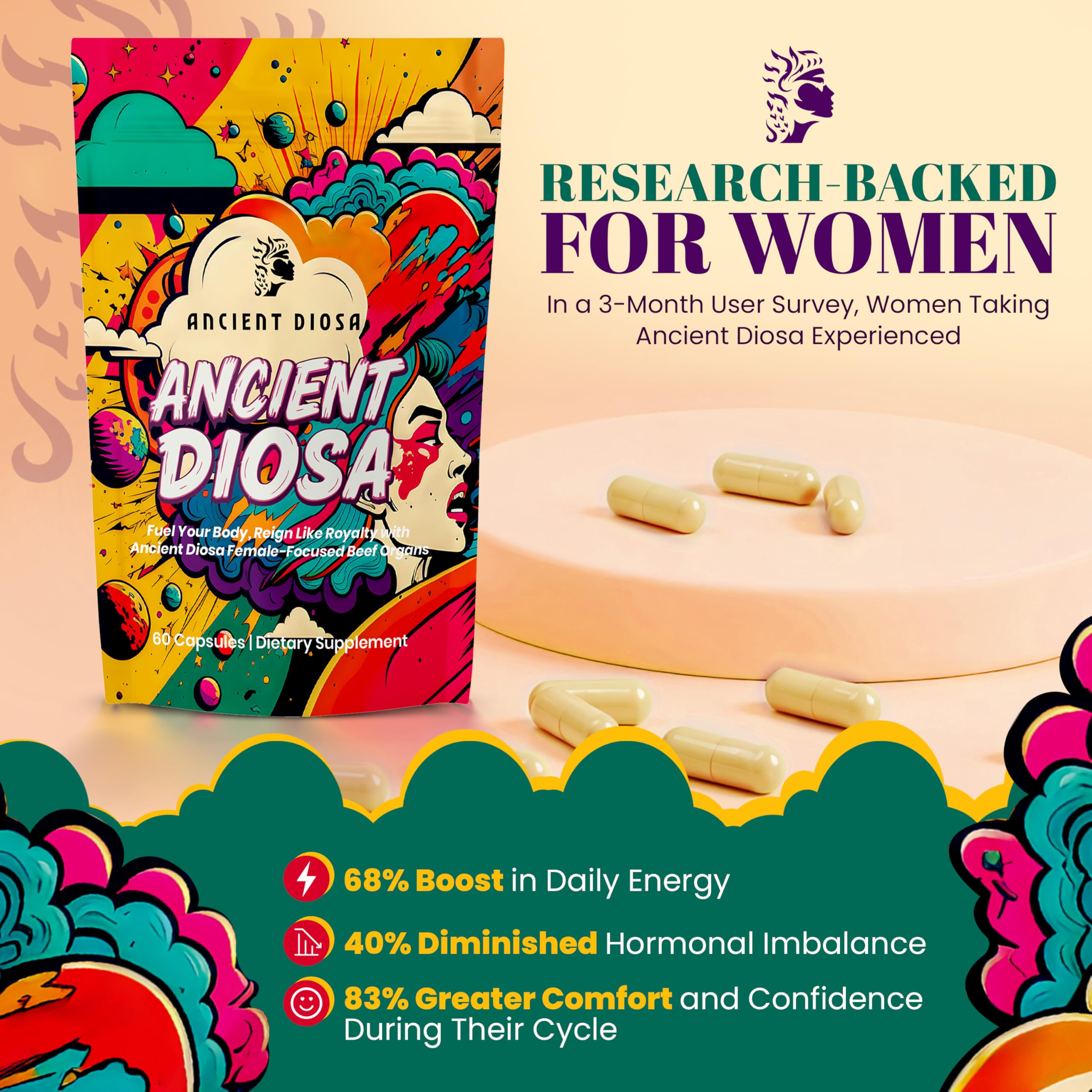Lifestyle scene with ANCIENT DIOSA wellness capsules on a vanity