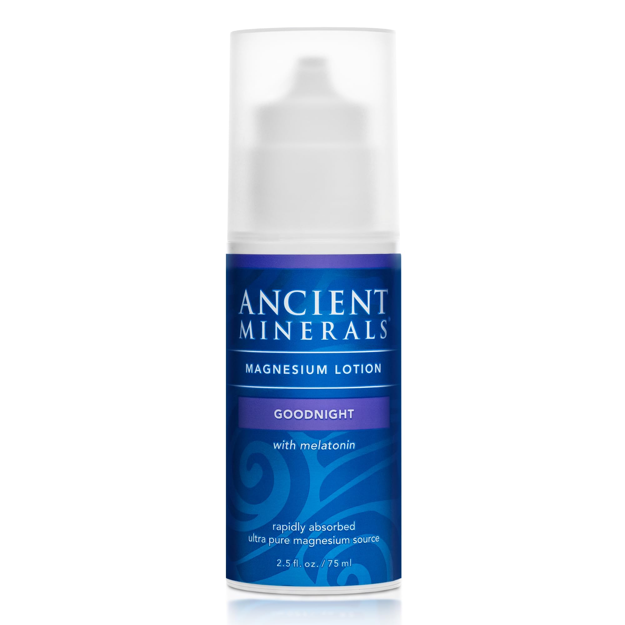 Ancient Minerals Goodnight Lotion bottle front, fragrance-free nighttime moisturizer.