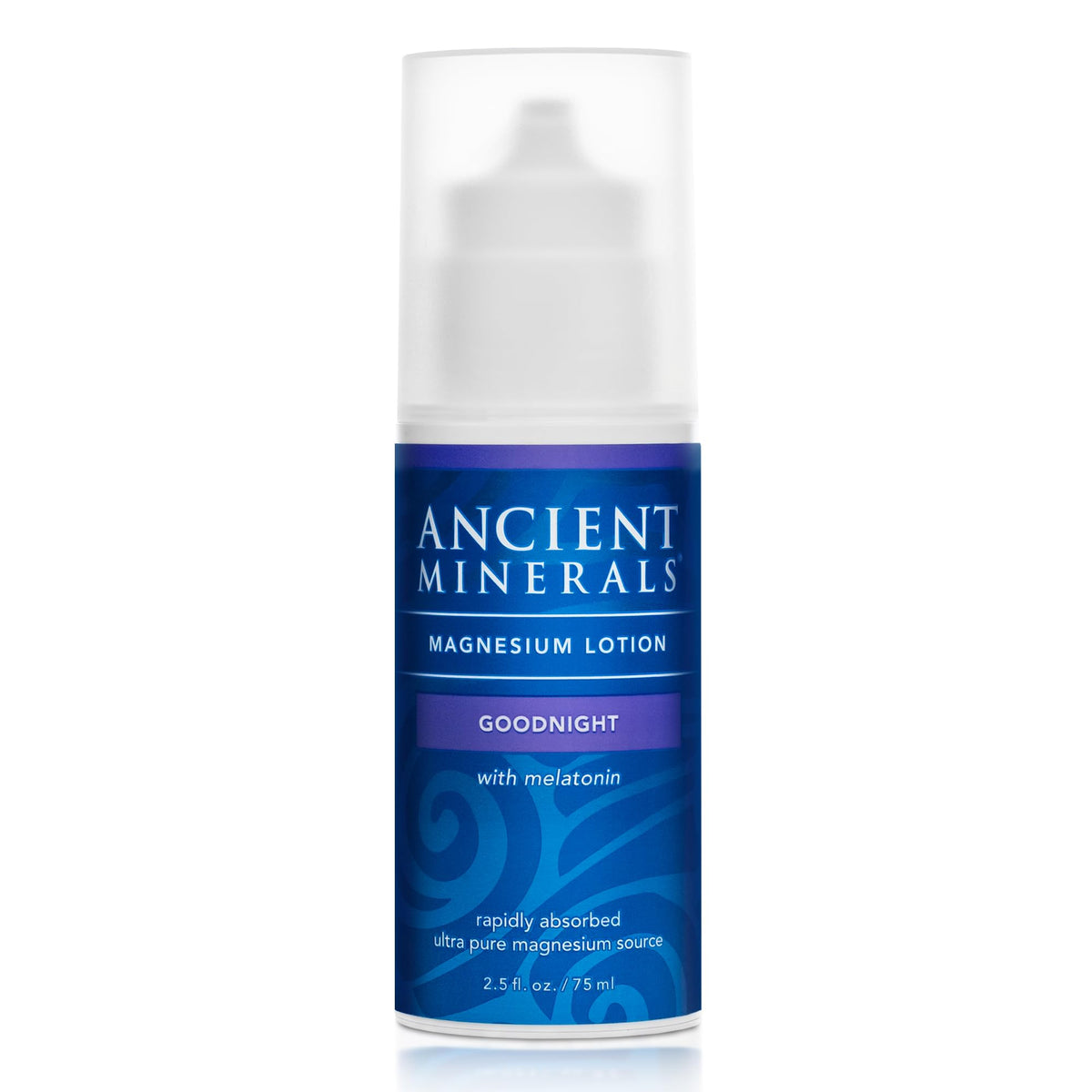 Ancient Minerals Goodnight Lotion bottle front, fragrance-free nighttime moisturizer.