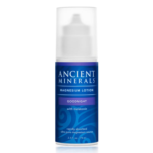 Ancient Minerals Goodnight Lotion bottle front, fragrance-free nighttime moisturizer.