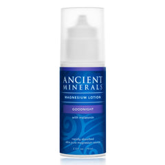 Ancient Minerals Goodnight Lotion bottle front, fragrance-free nighttime moisturizer.