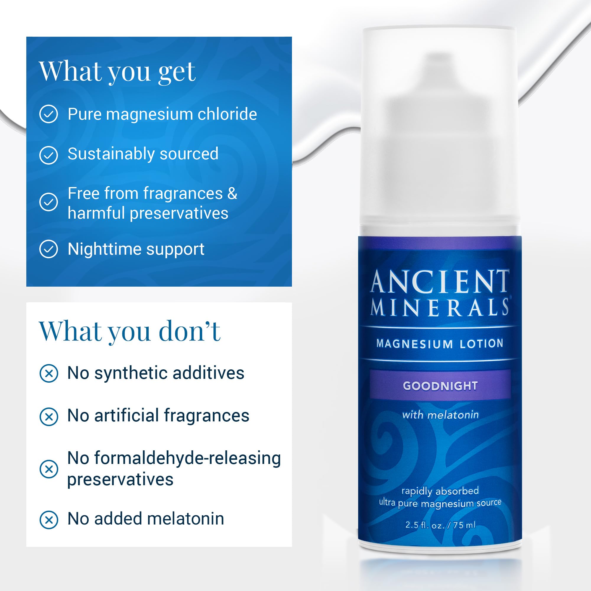 Ancient Minerals Goodnight Lotion fragrance-free label suitable for sensitive skin.