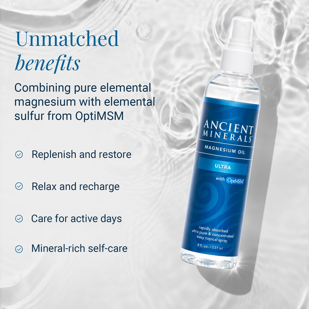 Ancient Minerals Magnesium Oil Ultra refill spray action in use.