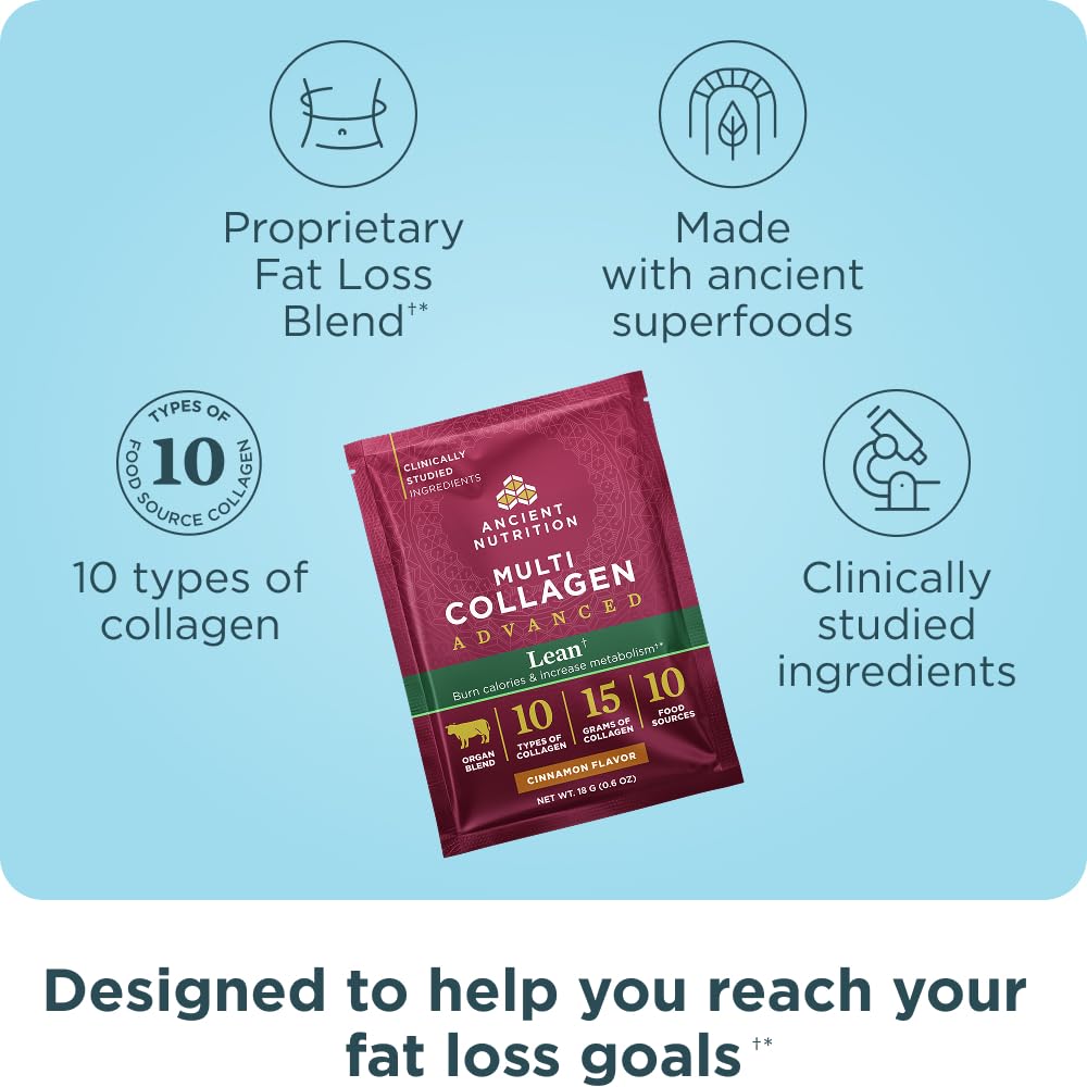 Ancient Nutrition eight single-serving packets displayed for convenient daily use.