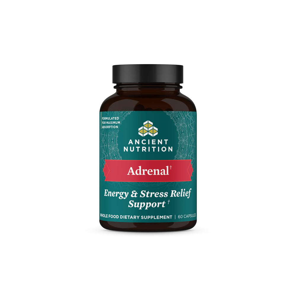 Ancient Nutrition Adrenal Support bottle front with label, highlighting adaptogens for daily stress support.