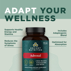 Ancient Nutrition Adrenal Support capsules in hand, suggesting convenient daily use.