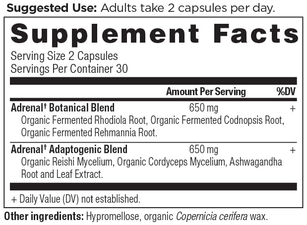 Ancient Nutrition Adrenal Support label detail, highlighting a 1300 mg blend.