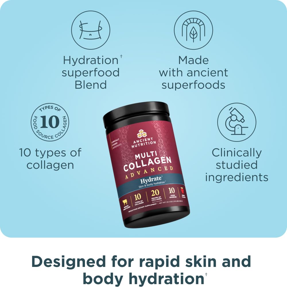 Ancient Nutrition Advanced Multi Collagen Hydrate tub closeup shows premium collagen sources