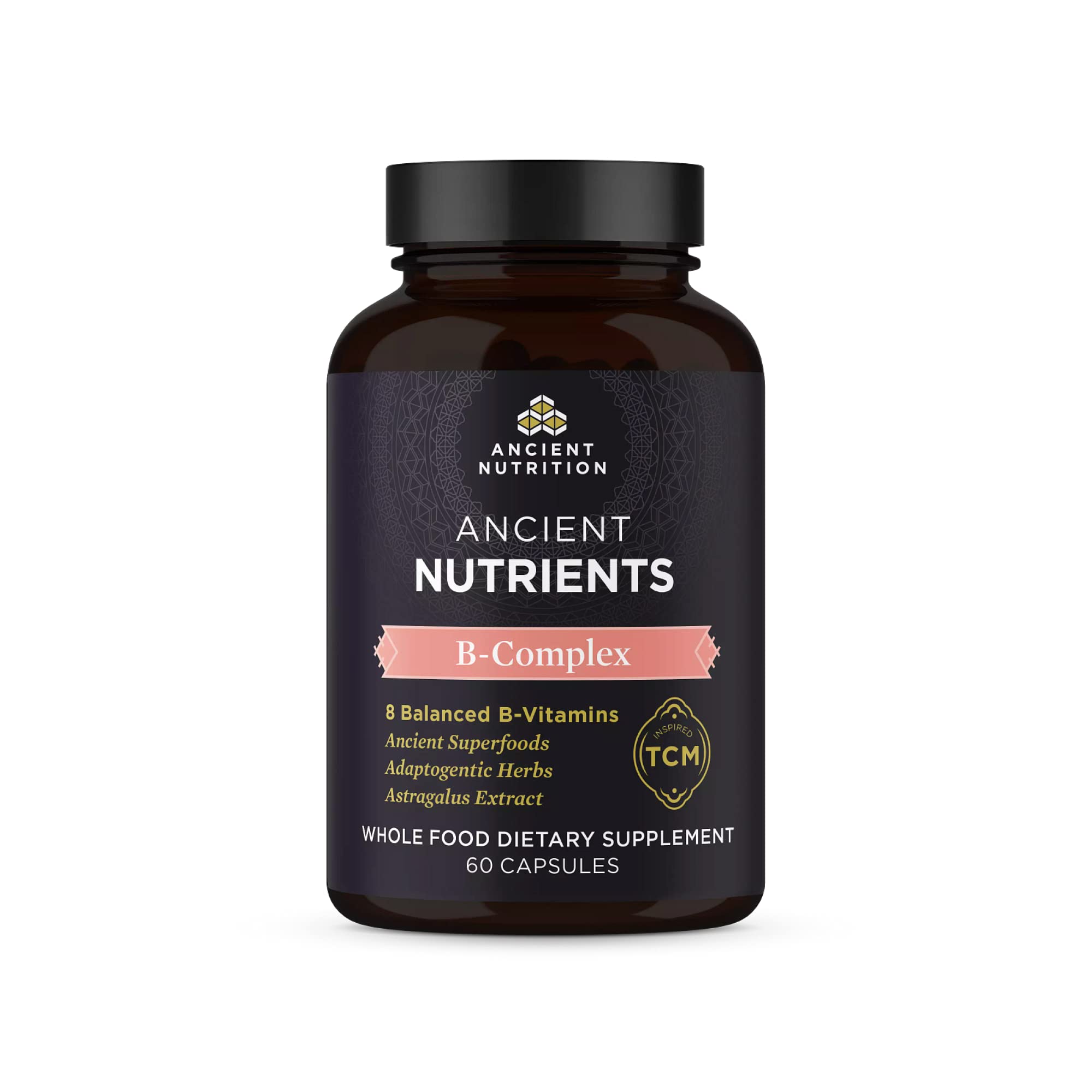 Ancient Nutrition B Complex capsules on white background for daily energy support.
