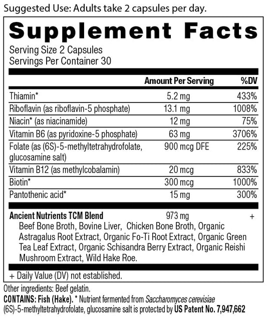 Ancient Nutrition B vitamins bottle shows capsules for cognitive support.