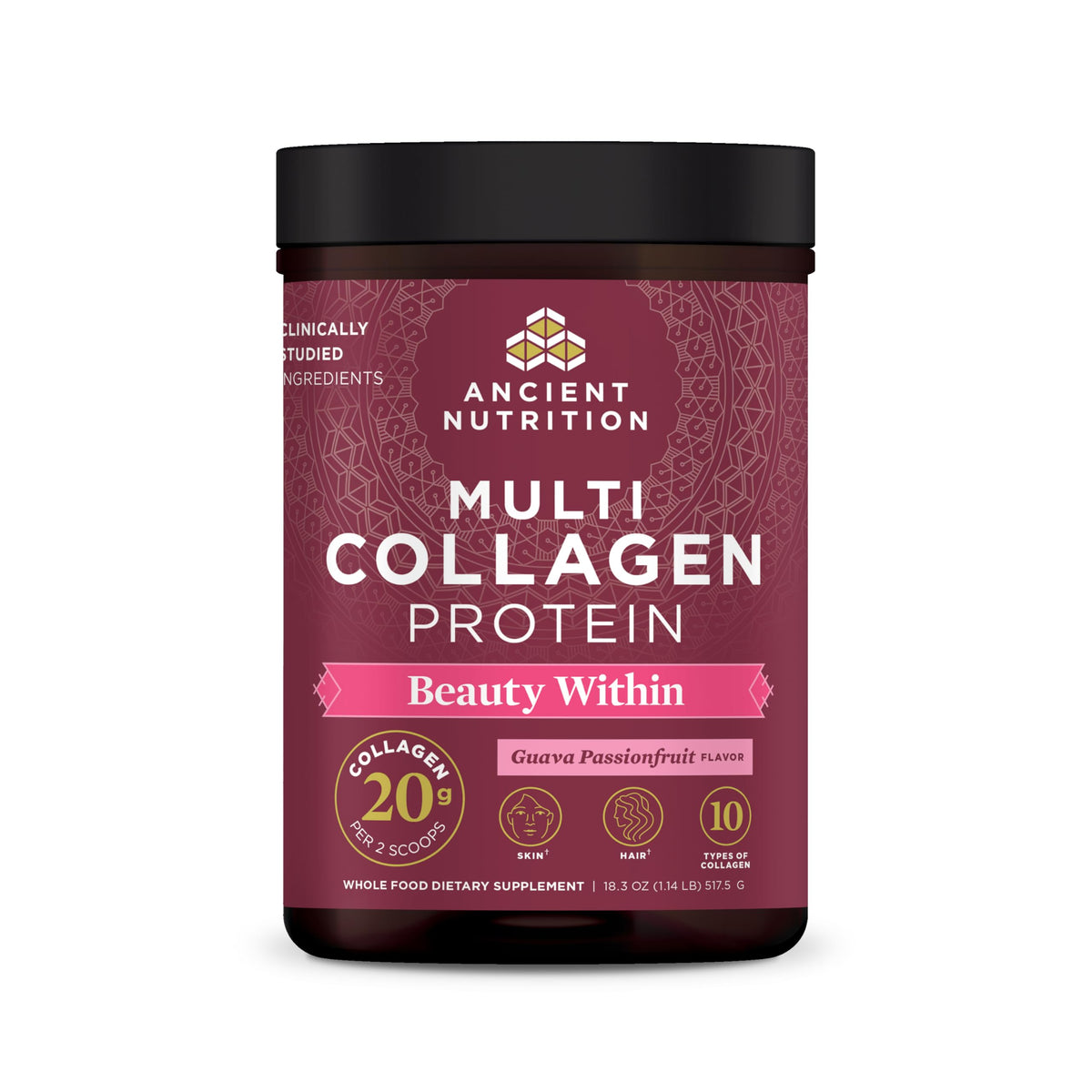 Ancient Nutrition Beauty Within jar-front showing label and texture benefits for skin and nails