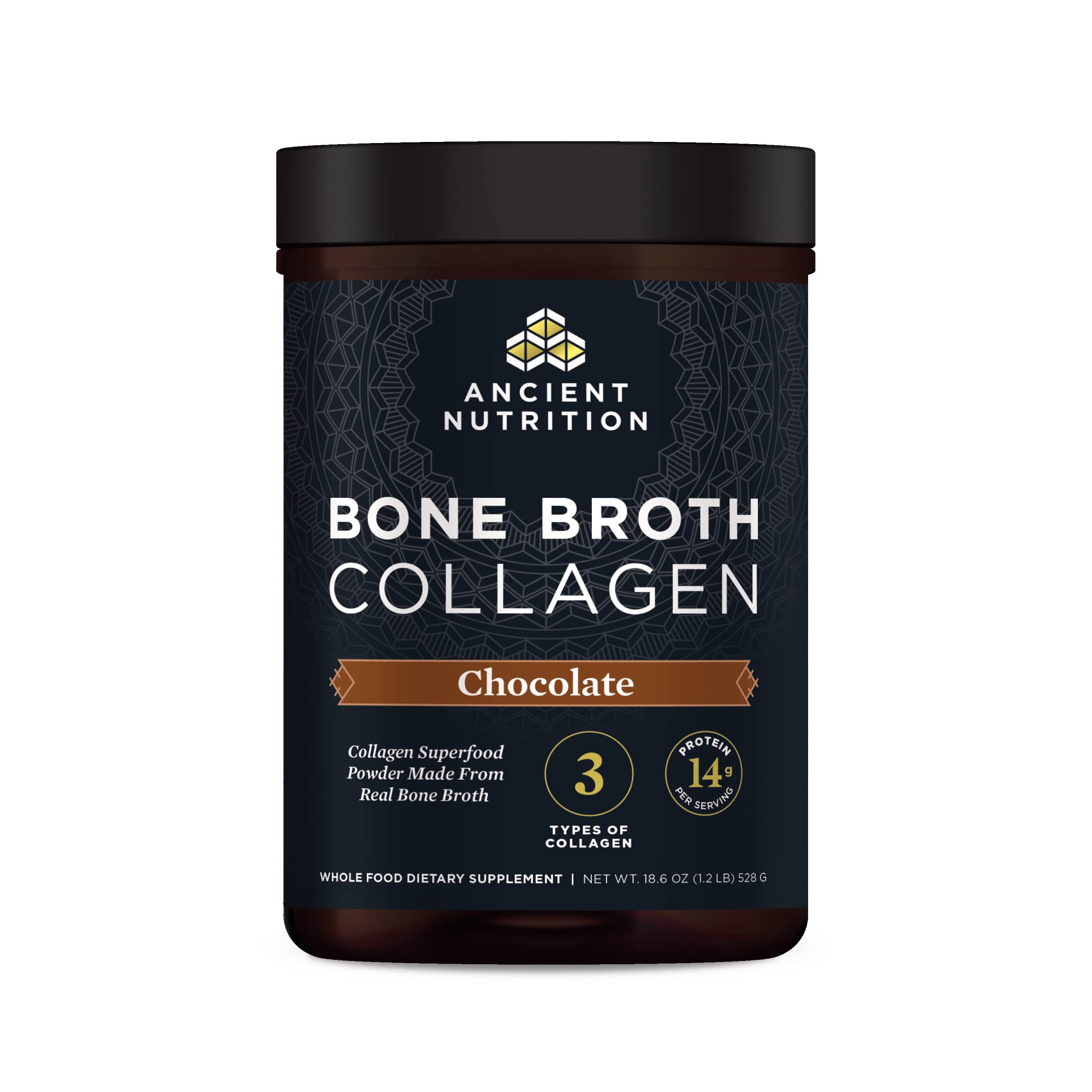 Ancient Nutrition bone broth collagen chocolate powder ready to blend into shakes for skin and nails.