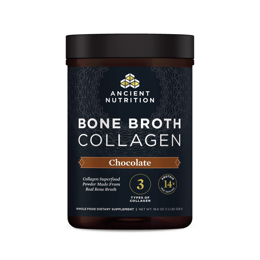 Ancient Nutrition bone broth collagen chocolate powder ready to blend into shakes for skin and nails.