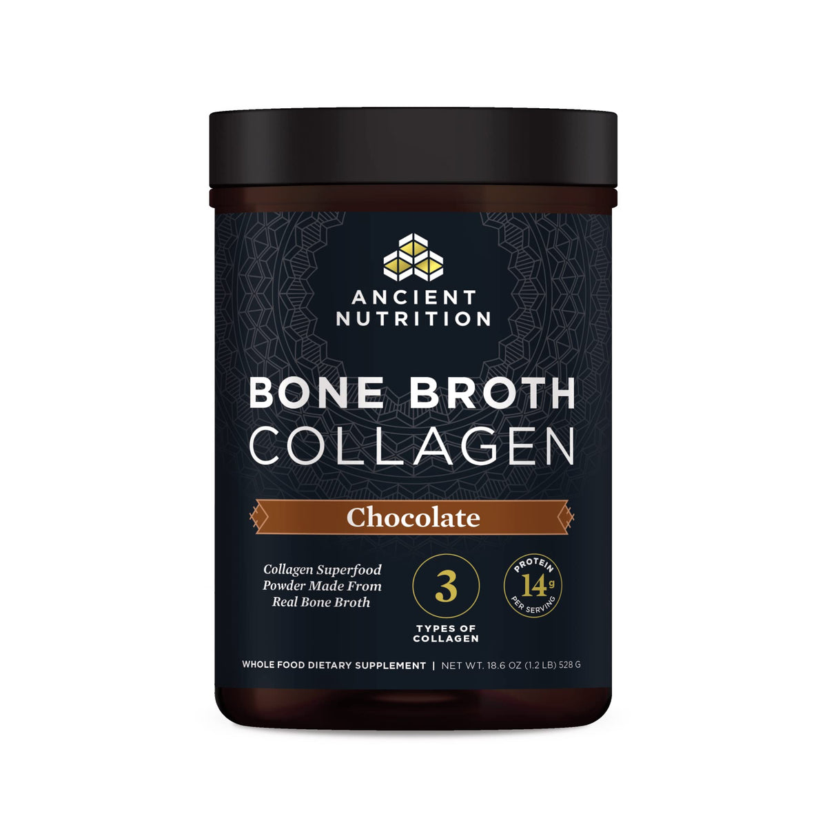 Ancient Nutrition bone broth collagen chocolate powder ready to blend into shakes for skin and nails.