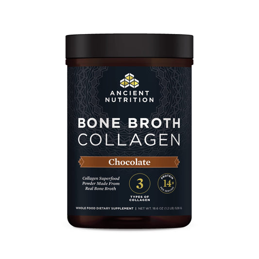 Ancient Nutrition bone broth collagen chocolate powder ready to blend into shakes for skin and nails.