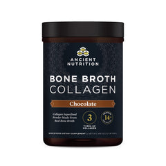 Ancient Nutrition bone broth collagen chocolate powder ready to blend into shakes for skin and nails.