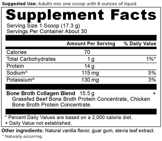 Ancient Nutrition Bone Broth Collagen Vanilla back label with sourcing and allergen notes