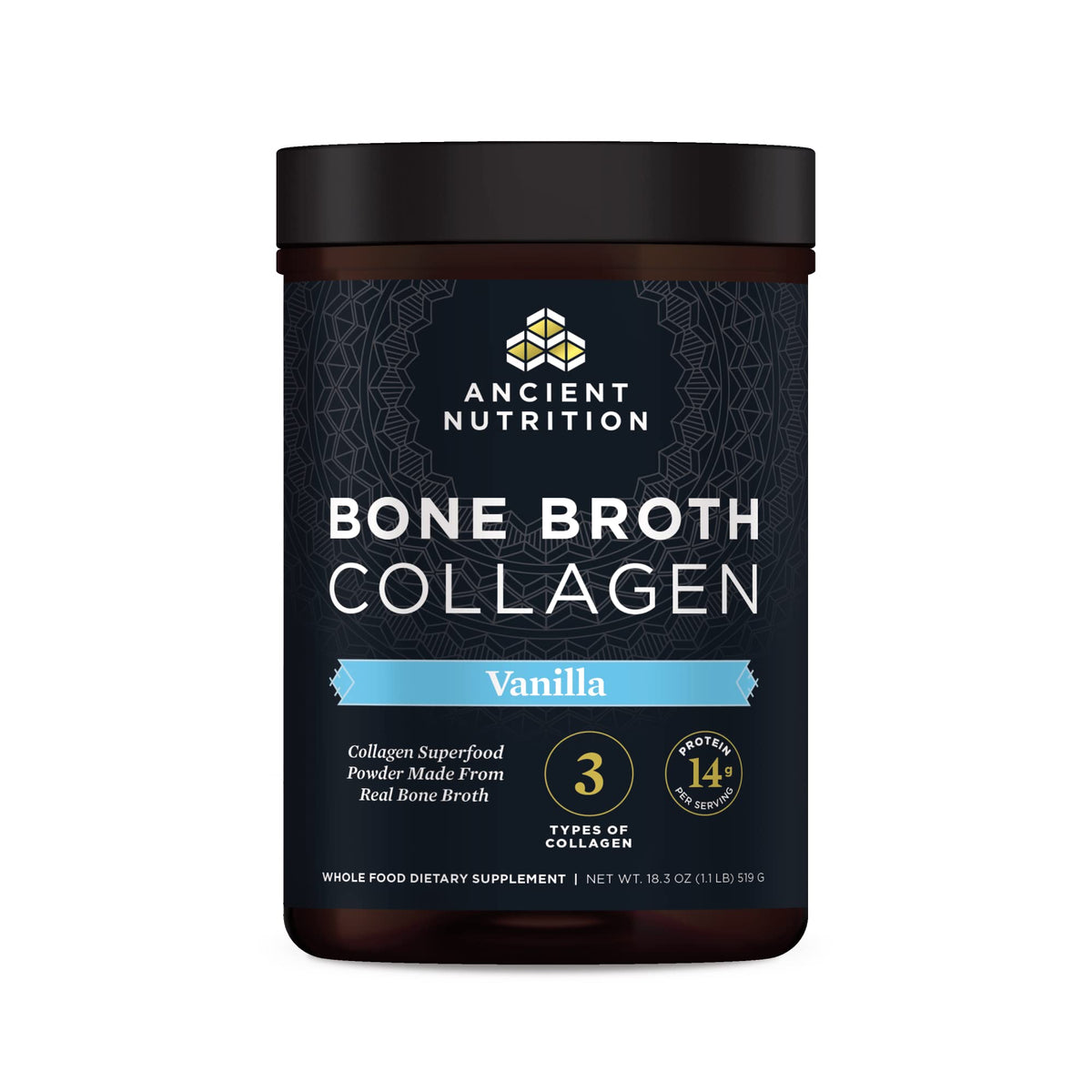 Ancient Nutrition Bone Broth Collagen Vanilla front label showing vanilla flavor and key ingredients