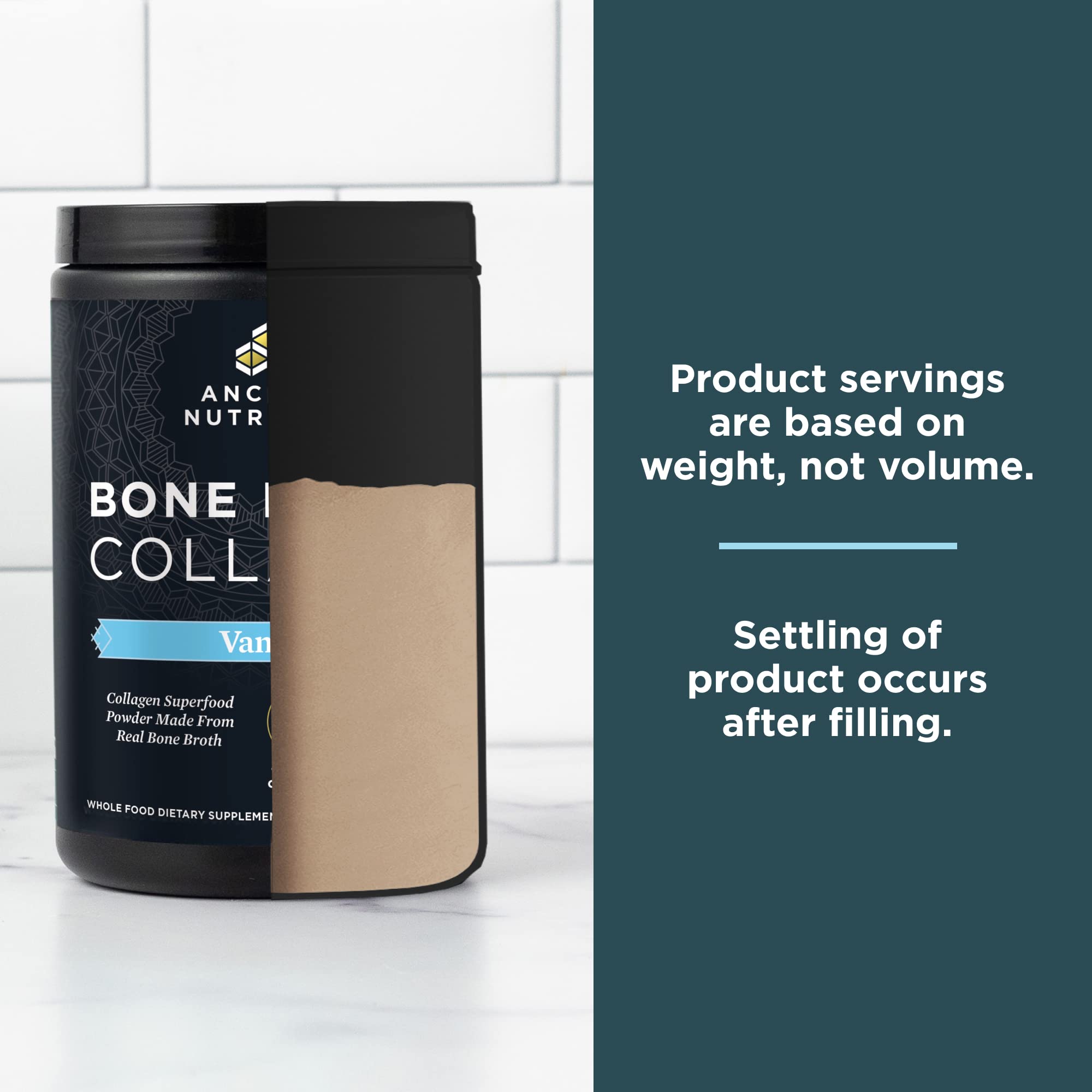 Ancient Nutrition Bone Broth Collagen Vanilla powder jar close-up highlighting premium powder