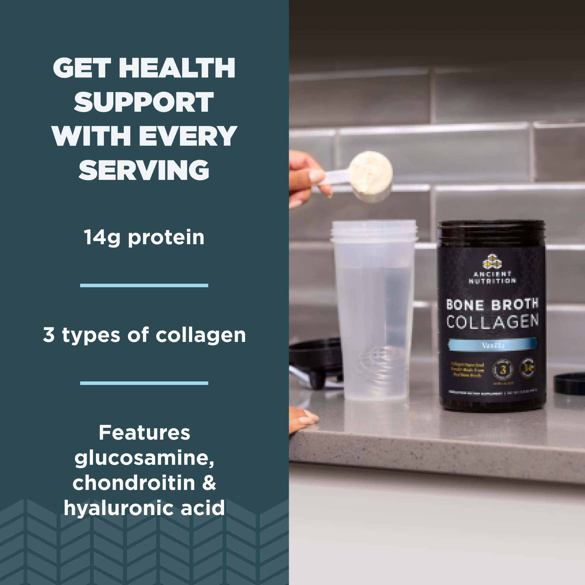 Ancient Nutrition Bone Broth Collagen Vanilla blends smoothly into smoothies for convenience