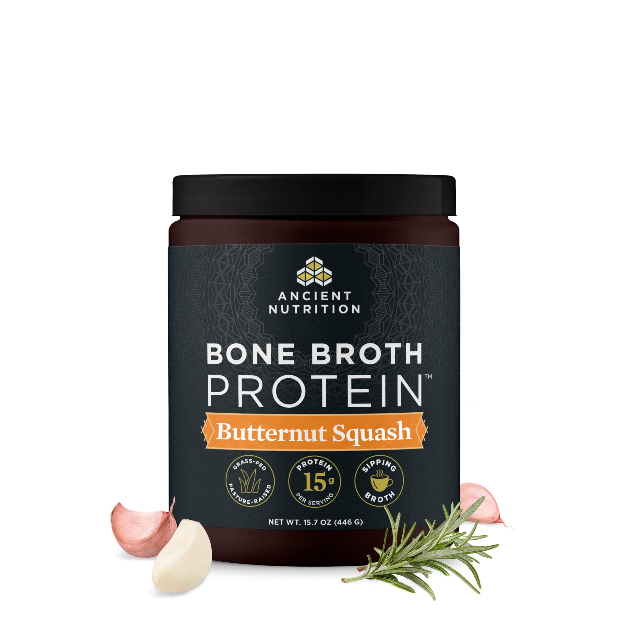 Ancient Nutrition bone broth protein butternut squash tub showing a protein-rich powder for meals
