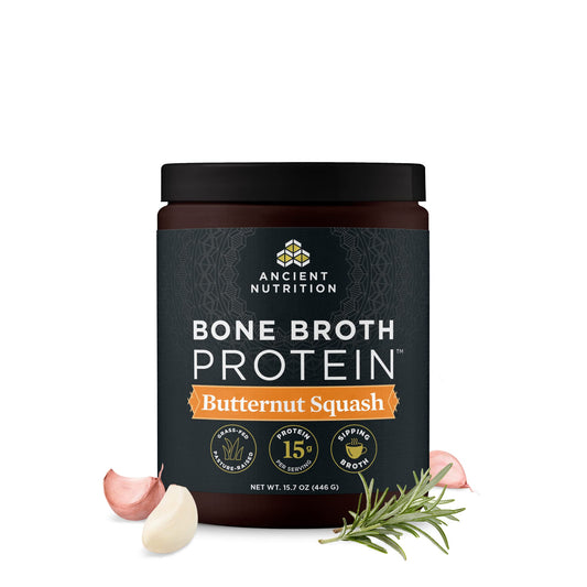Ancient Nutrition bone broth protein butternut squash tub showing a protein-rich powder for meals