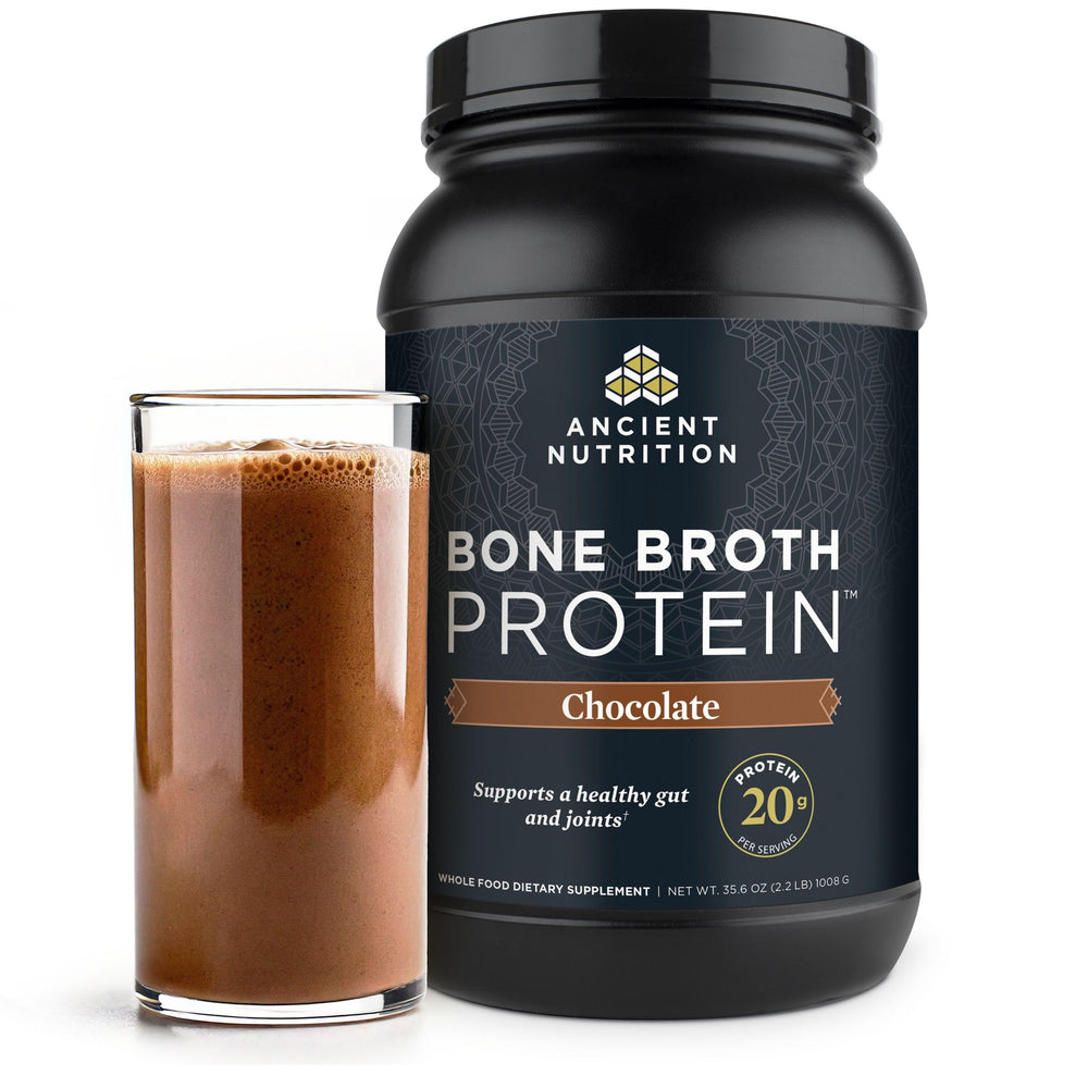 Ancient Nutrition bone broth protein chocolate bottle for convenient daily protein boost
