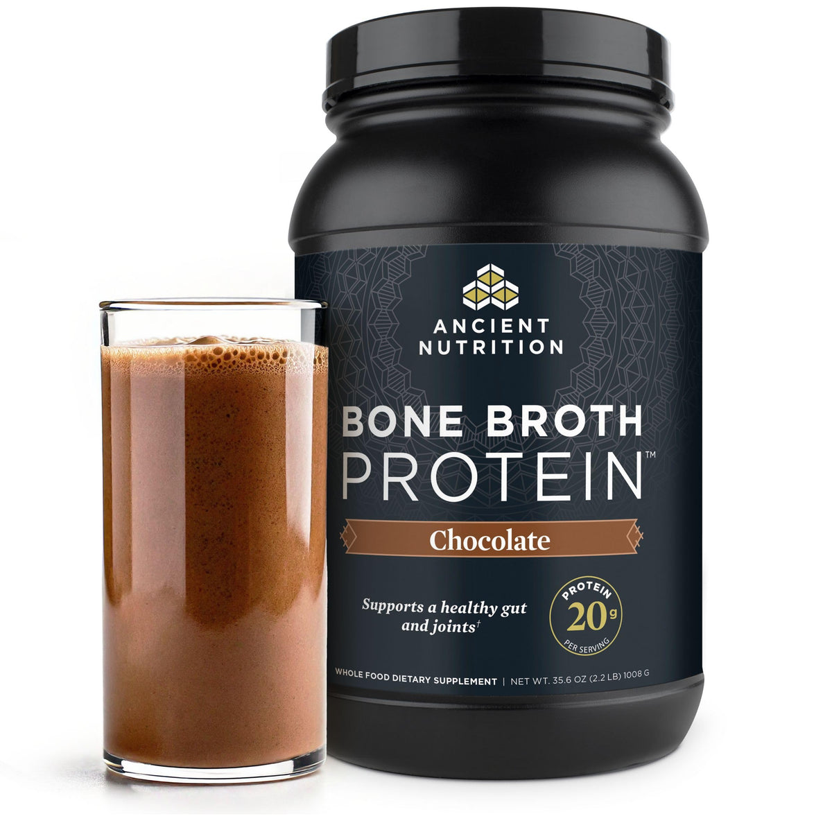 Ancient Nutrition bone broth protein chocolate bottle for convenient daily protein boost