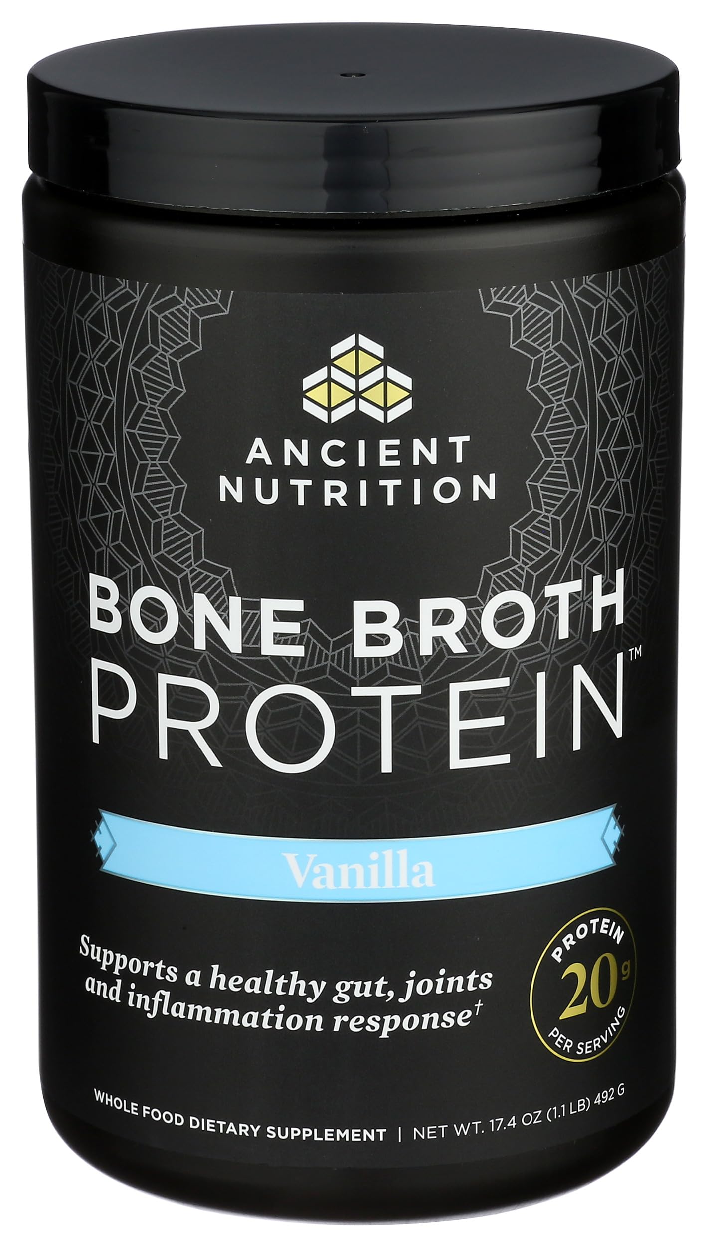 Ancient Nutrition chocolate bone broth protein jar for warm shakes