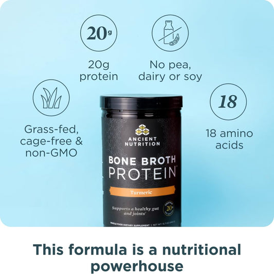 Ancient Nutrition bone broth protein chocolate tub, creamy flavor with 20g protein.