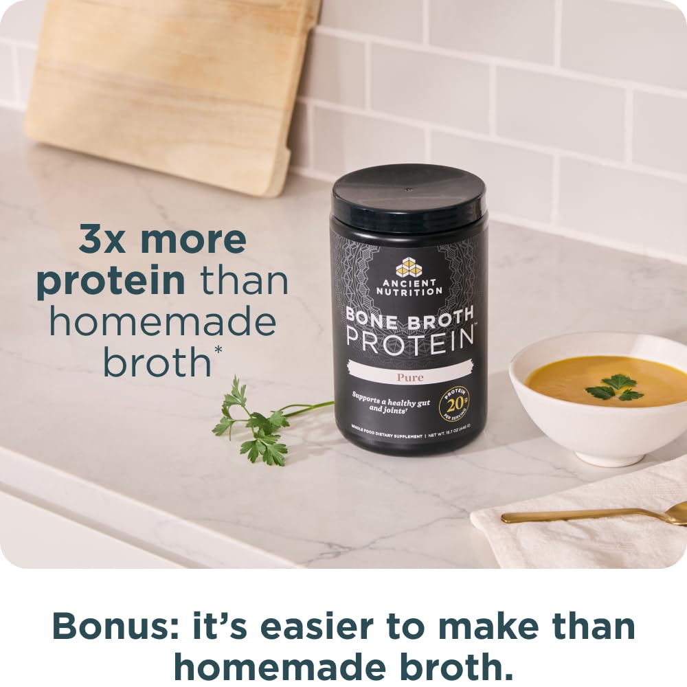Ancient Nutrition bone broth protein grass-fed scene emphasizes premium pasture-raised ingredients.