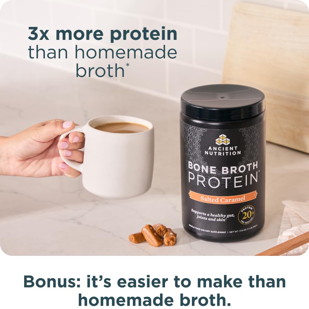 Ancient Nutrition Bone Broth Protein ingredients panel shows collagen and amino acids