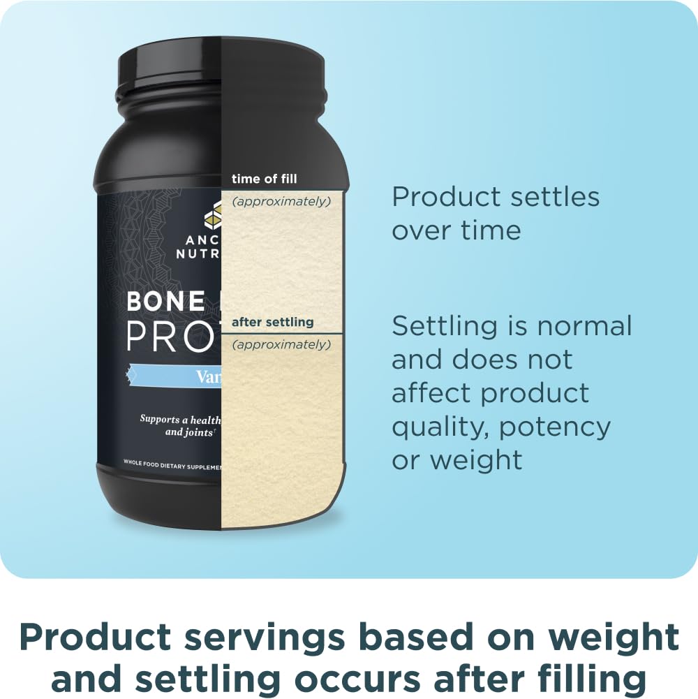 Ancient Nutrition Bone Broth Protein label emphasizes grass-fed, hormone-free origin.
