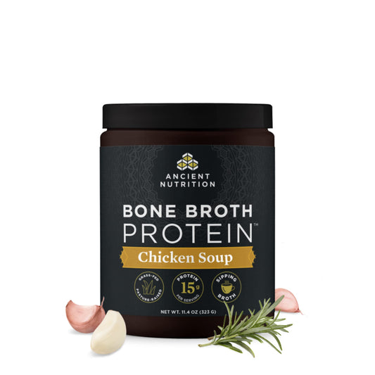 Ancient Nutrition Bone Broth Protein Powder tub highlighting 15g protein per serving for daily fueling.
