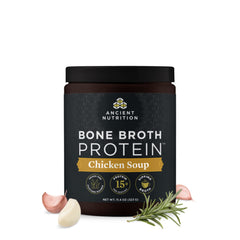 Ancient Nutrition Bone Broth Protein Powder tub highlighting 15g protein per serving for daily fueling.
