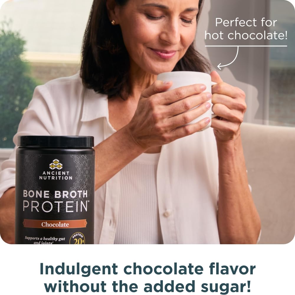 Ancient Nutrition bone broth protein powder chocolate swirl in a glass for indulgent shakes.