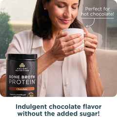 Ancient Nutrition bone broth protein powder chocolate swirl in a glass for indulgent shakes.