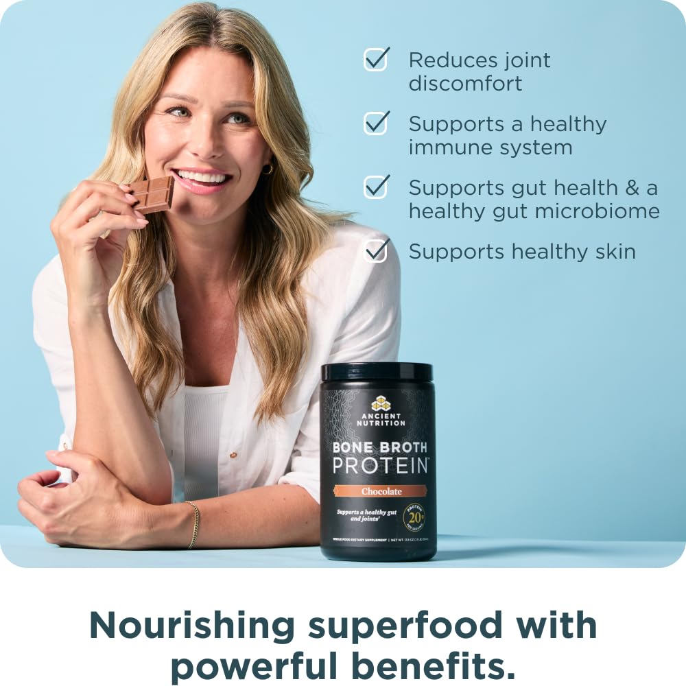 Ancient Nutrition bone broth protein powder in a glass with a creamy chocolate finish for a satisfying shake.
