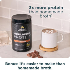 Ancient Nutrition bone broth protein powder label close-up highlighting gluten-free ingredients.