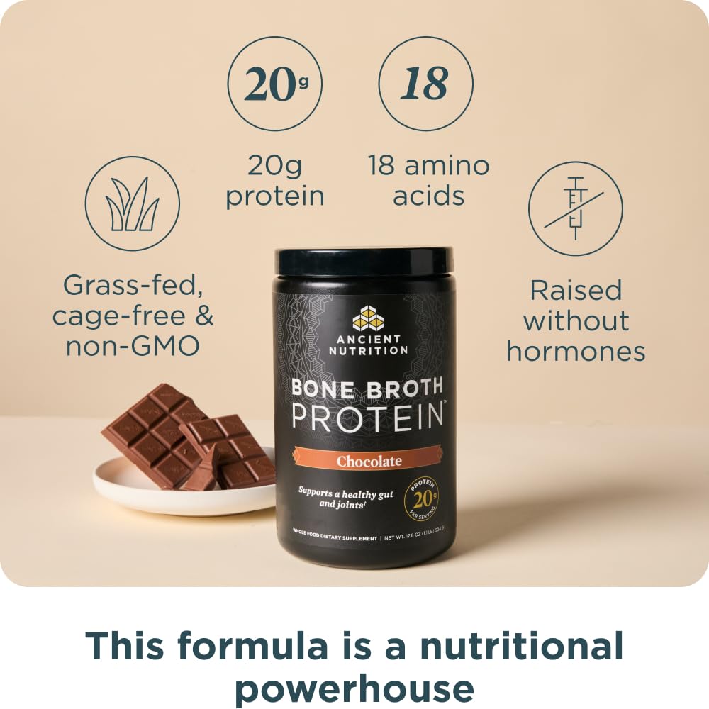 Ancient Nutrition bone broth protein powder scoop beside the tub for easy serving.