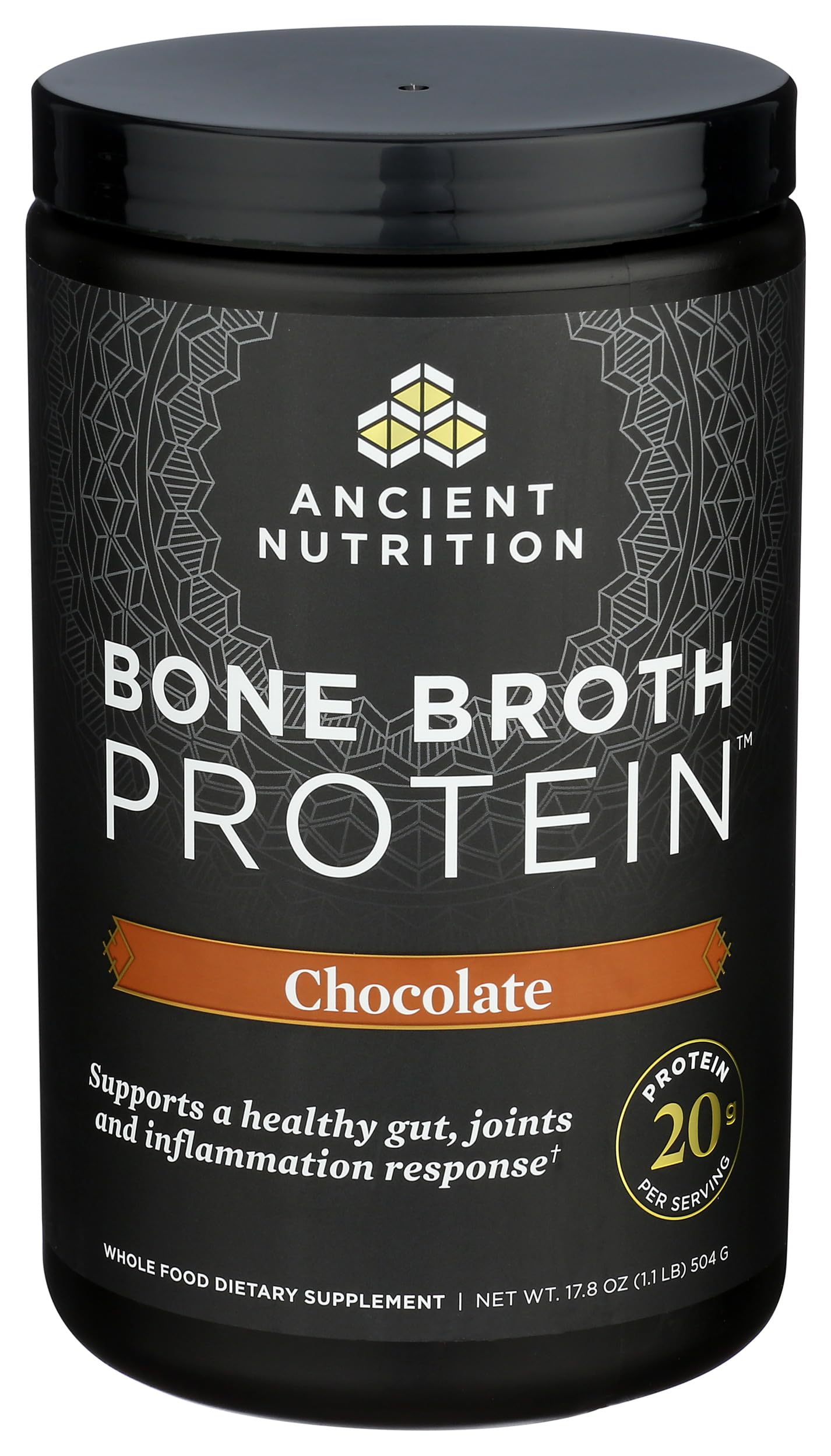 Ancient Nutrition bone broth protein powder stirred into coffee for a chocolate boost.