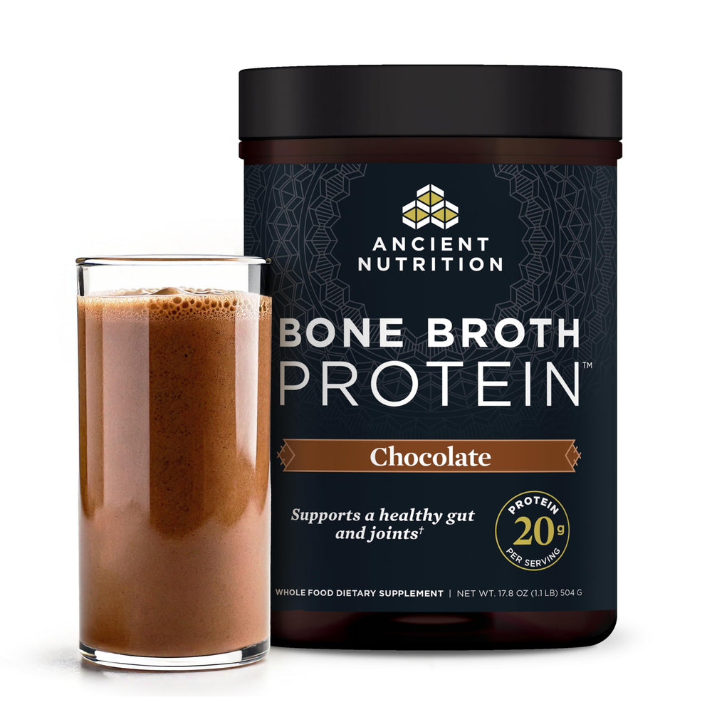 Ancient Nutrition bone broth protein powder tub front view for quick shakes.